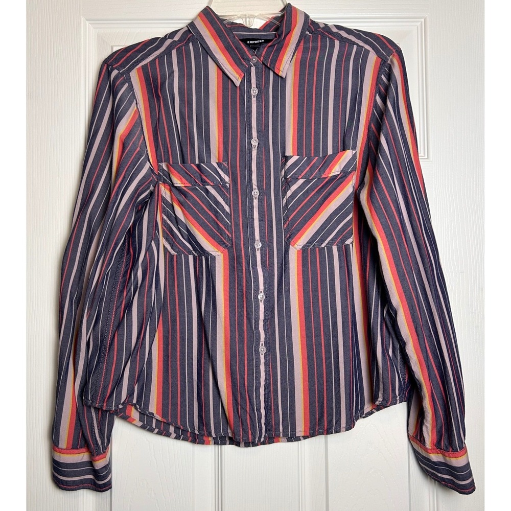 Express Striped Button Up Shirt Women Size Medium Long Sleeve‎ Viscose